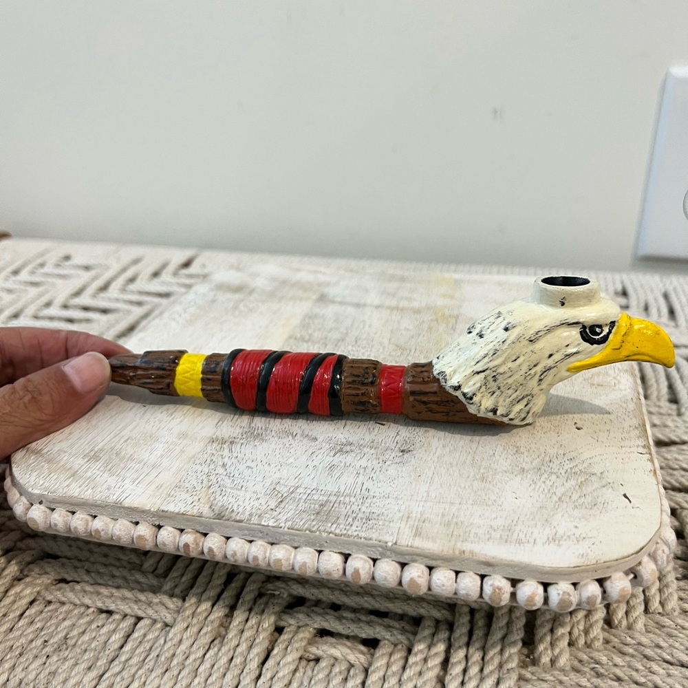 Hand Made Eagle-Themed peace pipe Bird Perch with Red and Yellow Accents